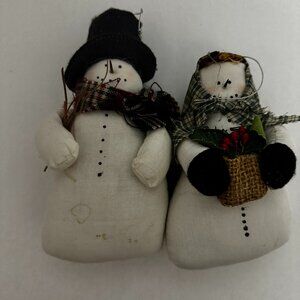 80's Country Snowman 8" Top Hat Snowwoman 6.5" Babushka Plush Christmas Ornament